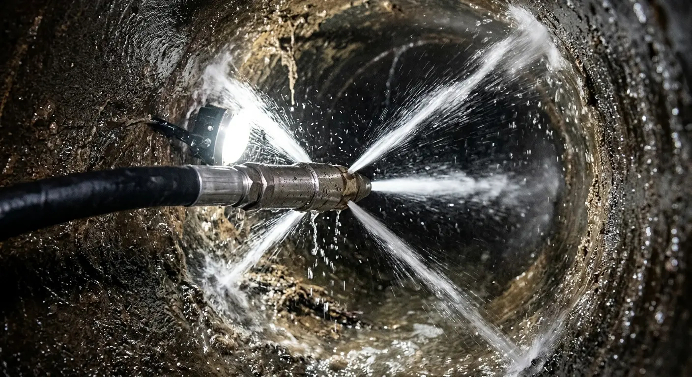 High-pressure hydro jetting nozzle cleaning sewer pipe for Sewer Cleanout in Jefferson