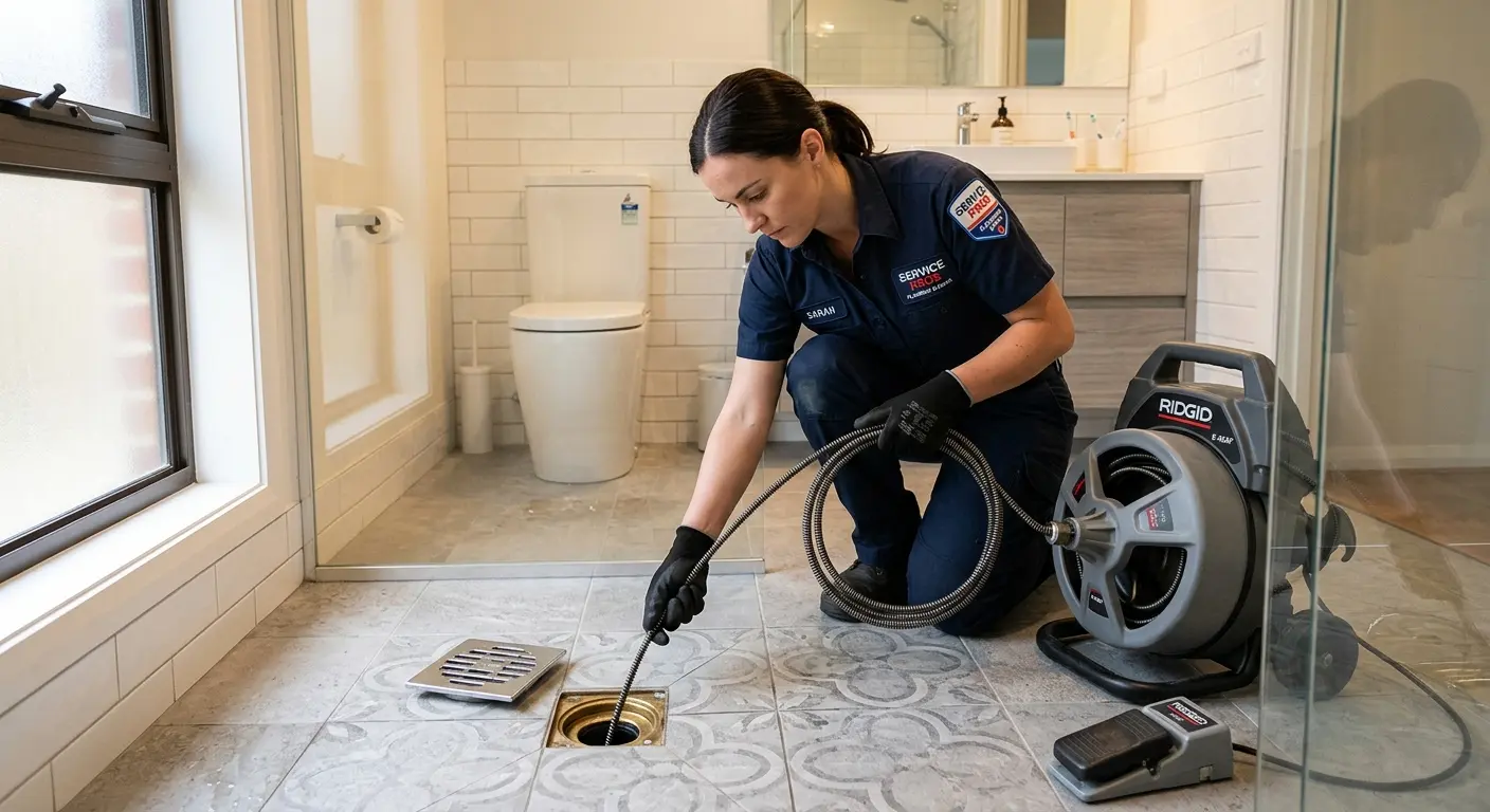 Technician clearing a bathroom floor drain for Sewer Line Replacement in Jefferson